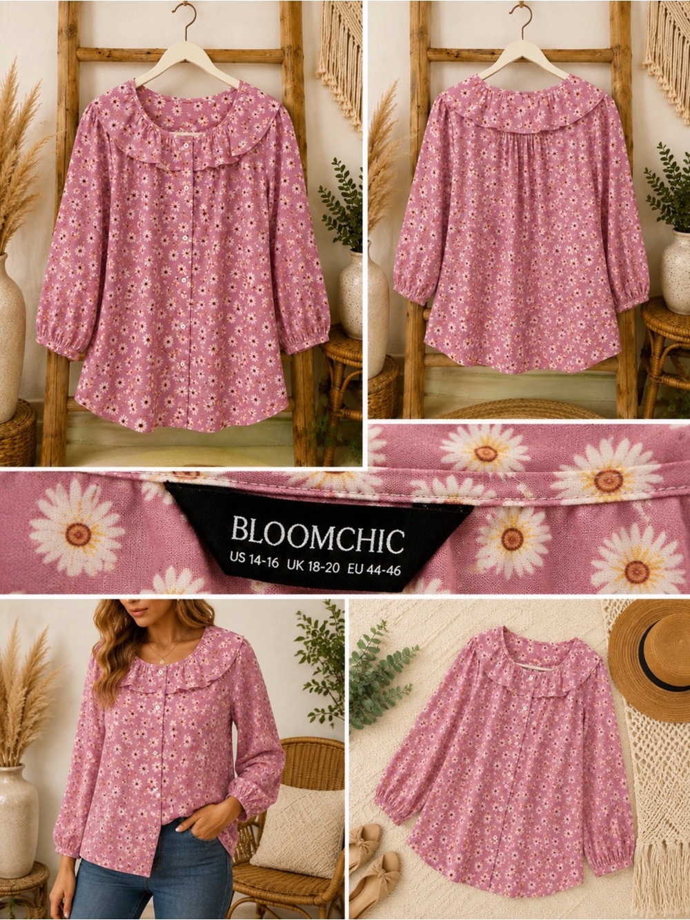 BloomChic Pink Daisy Print Ruffle Collar Blouse NWT Size 14-16